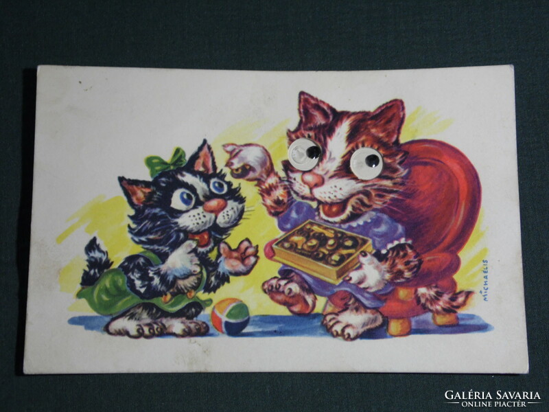 Képeslap, Svájc, Michaélis grafika rajzos, mozgó szemű macska, cica