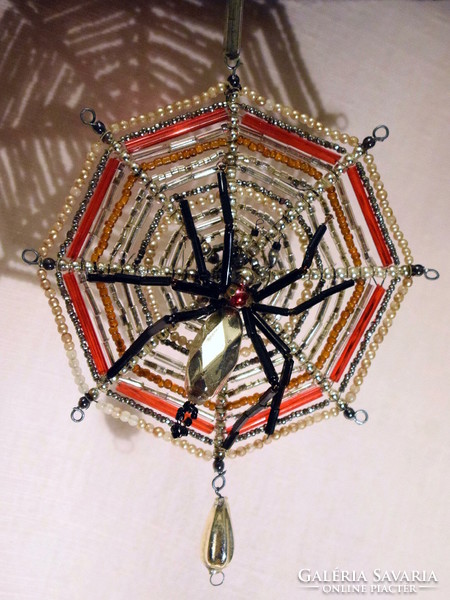 Régi nagyméretű  Gablonz   egyedi   üveg pók pókhálóban  karácsonyfadísz