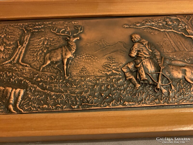 Régi Hubertusz vadász legendája rézlemez kép fakeretben falidísz, falikép, Szent Hubertus, kereszt