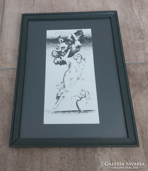 (K) signed graphic, ink drawing with 3x43 cm frame
