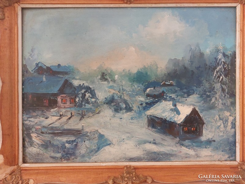 (K) Téli táj házakkal szignózott tájképfestmény 54x41 cm kerettel