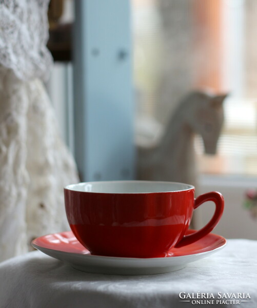 Zsolnay porcelain, shield-stamped, red tea cup set, rare shape and coloring