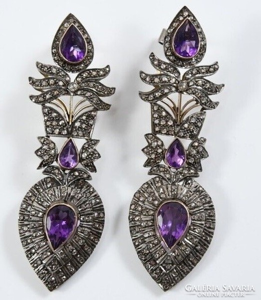 Antique earrings with diamonds and amethyst stones, gold-silver