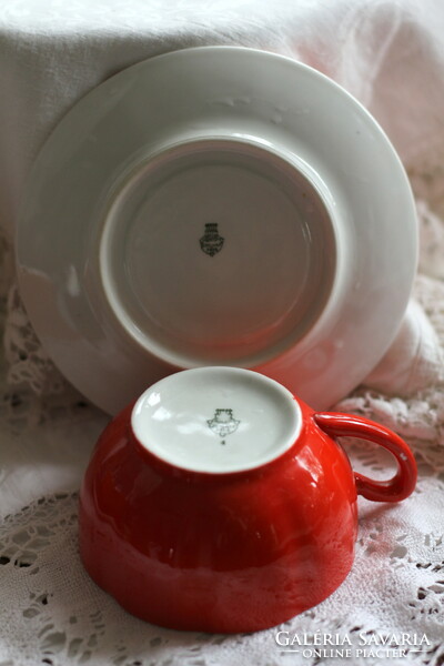 Zsolnay porcelain, shield-stamped, red tea cup set, rare shape and coloring