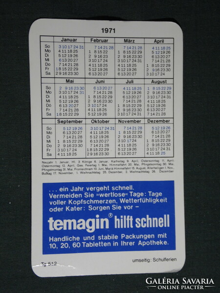 Kártyanaptár, Németország, gyógyszertár,patika, Temagin fájdalomcsillapító, 1971,   (5)