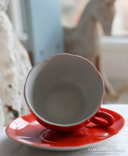 Zsolnay porcelain, shield-stamped, red tea cup set, rare shape and coloring