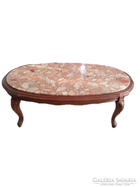 Vintage coffee table with marble top - oval carved side table