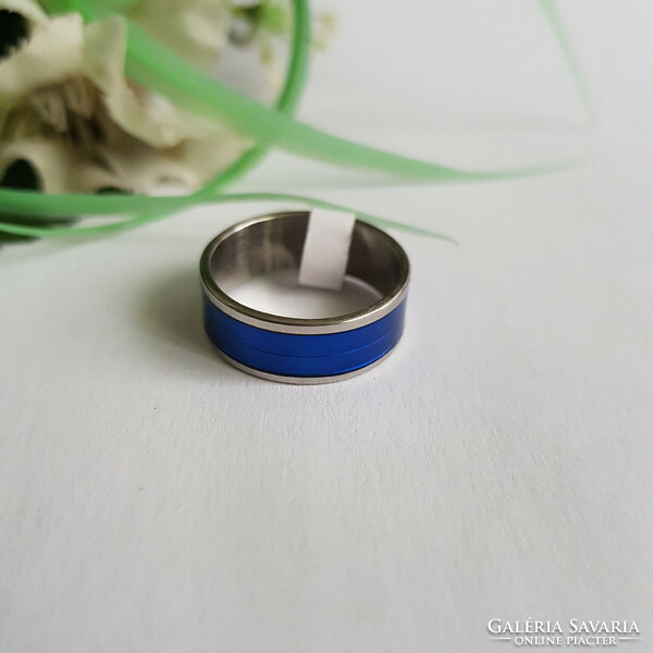 ÚJ, ezüstszínű, kék csíkos gyűrű – USA 8 / EU 57 / Ø18mm