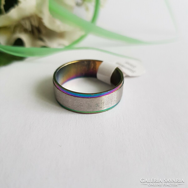 ÚJ, szivárvány színű, süllyesztett ezüst szélű gyűrű – USA 10 / EU 62 / Ø20mm