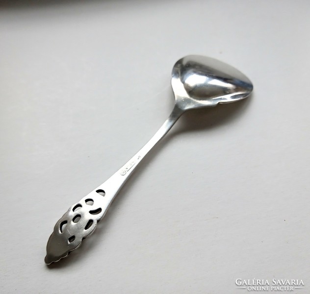 Old silver-plated small serving spoon with openwork floral handle 12.5cm