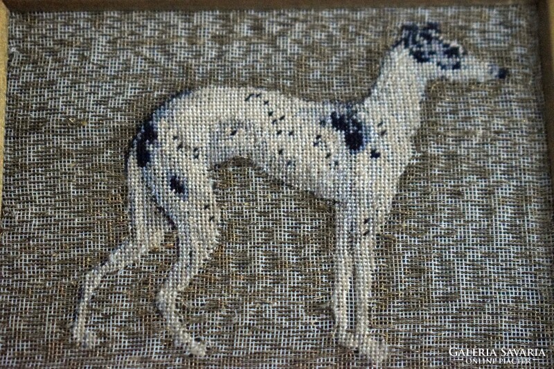 Antique Biedermeier miniature tapestry picture Hungarian greyhound metal thread and silk stitch needlework 10.5 x 7 cm +ke