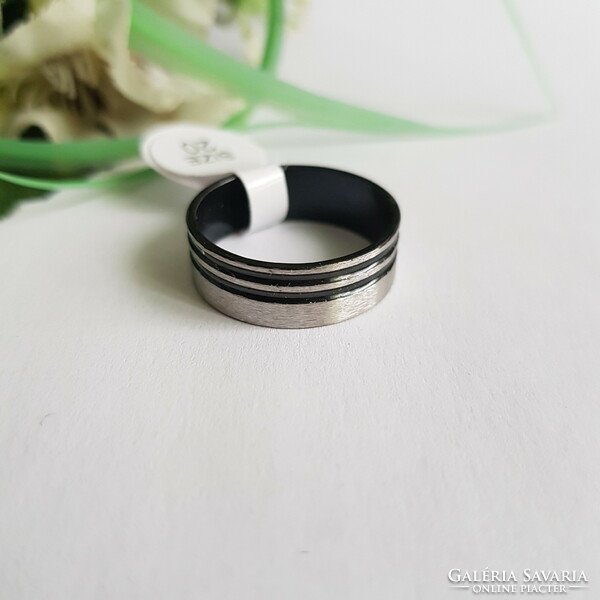 New Silver Color 2 Band Asymmetrical Recessed Black Stripe Ring - usa 8 / eu 57 / ø18mm