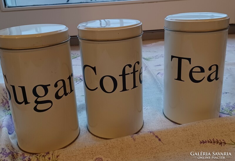 Konyhai fém tárolódoboz készlet teának, kávénak és cukornak, 3 db együtt