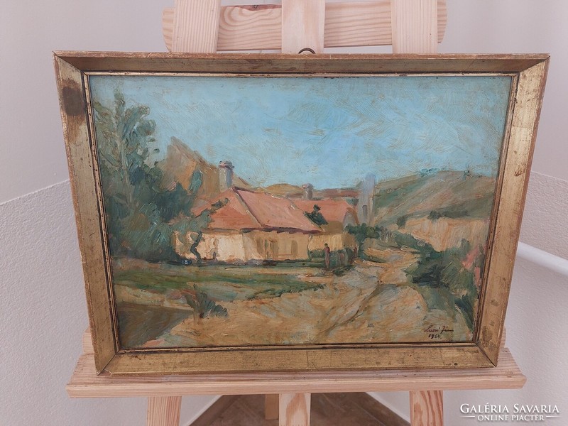 (K) Luczi János tanya/falurészlet festménye 44x31 cm kerettel Móna Sándornak