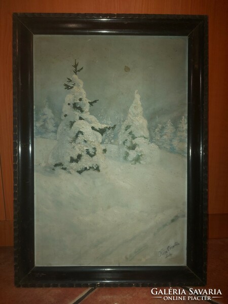 Painting, oil, cardboard, 34x50 cm + beautiful carved wooden frame