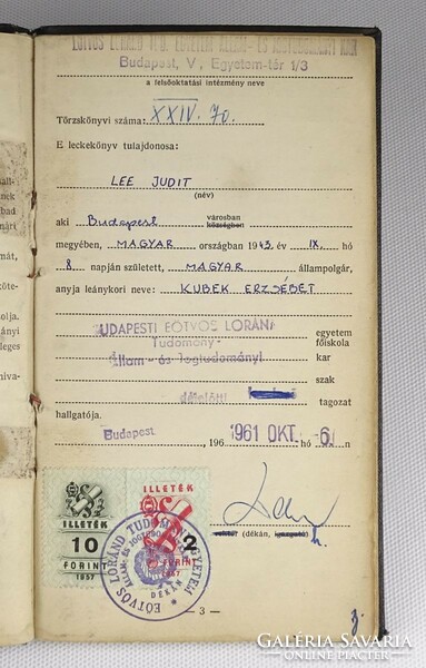 1Q226 Eötvös Lóránd Tudományegyetem állam és jogtudományi kar leckekönyv 1961-65
