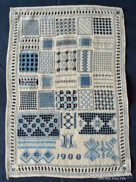 Antique sample scarf 1908 hussar food azure embroidery cutting kelim, ... School work 37 x 55 cm