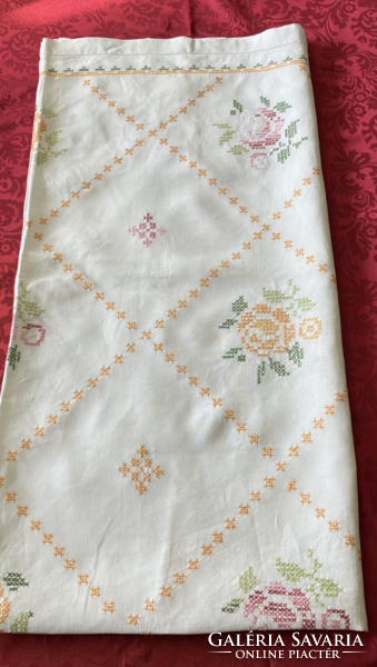 Antique embroidered damask tablecloth 155 x 165 cm