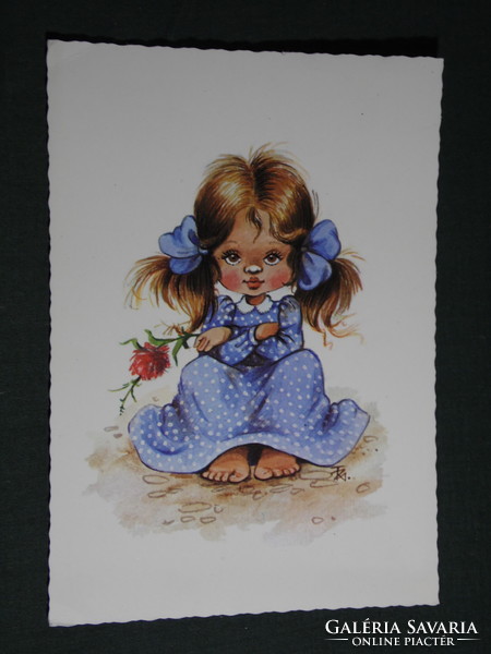 Postcard, graphic design by Zsuzsa Füzesi, drawing, little girl, children's model