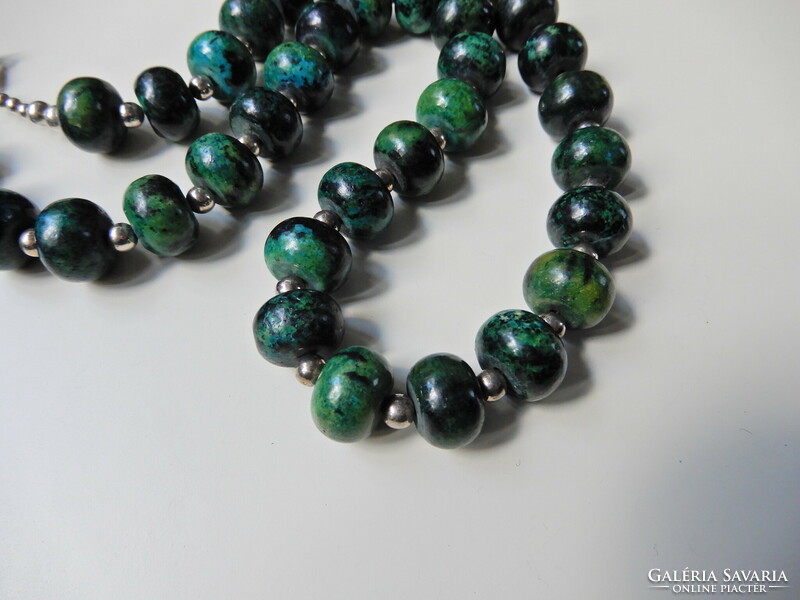 Big-eyed chrysocolla? Mineral pearl string with silver or silver-plated clasp