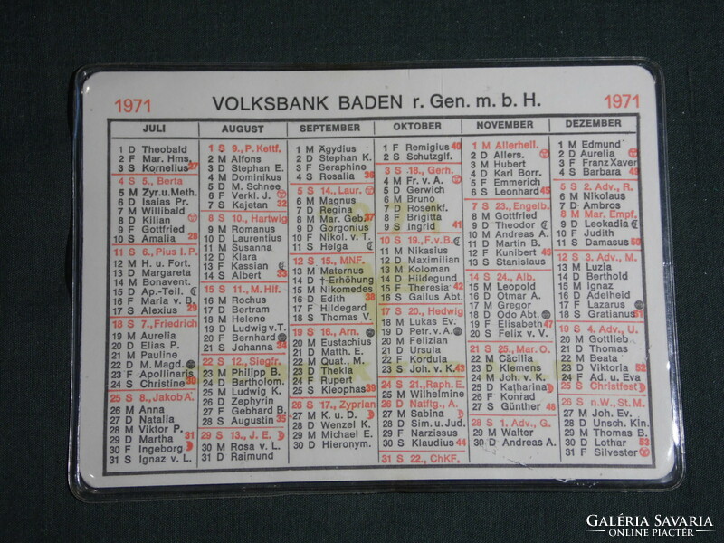 Kártyanaptár, Németország, Volksbank Baden, névnapos, 1971,   (5)