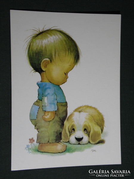 Postcard, ruth morehead graphics, cartoon, little boy with dog