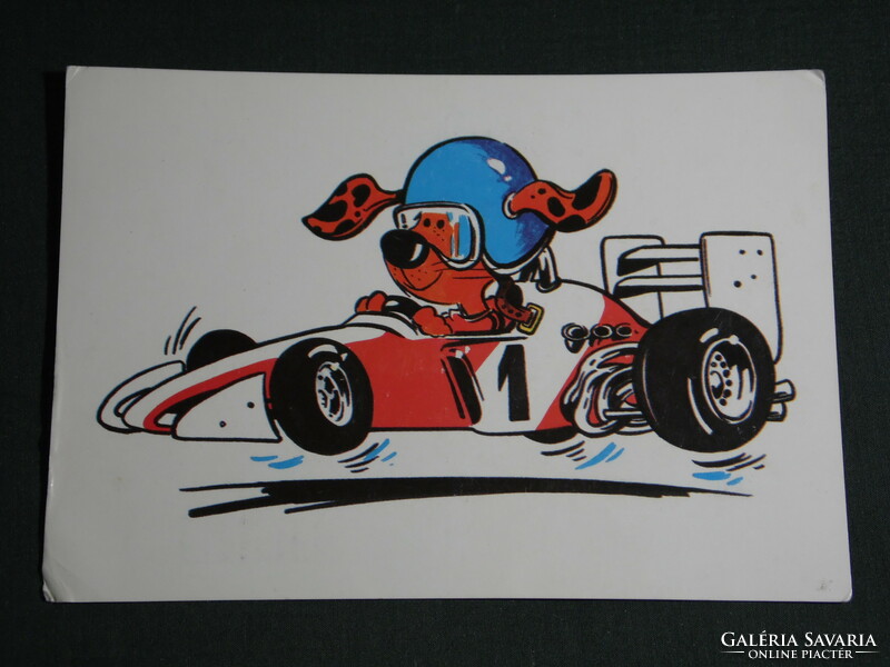 Postcard, foundation for children in state care, graphic artist, animals, dog racing car