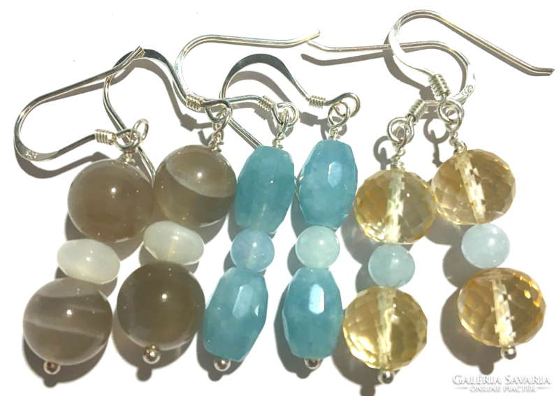 3 pairs of silver earrings noble beryl aquamarine citrine moonstone gemstone jewelry package