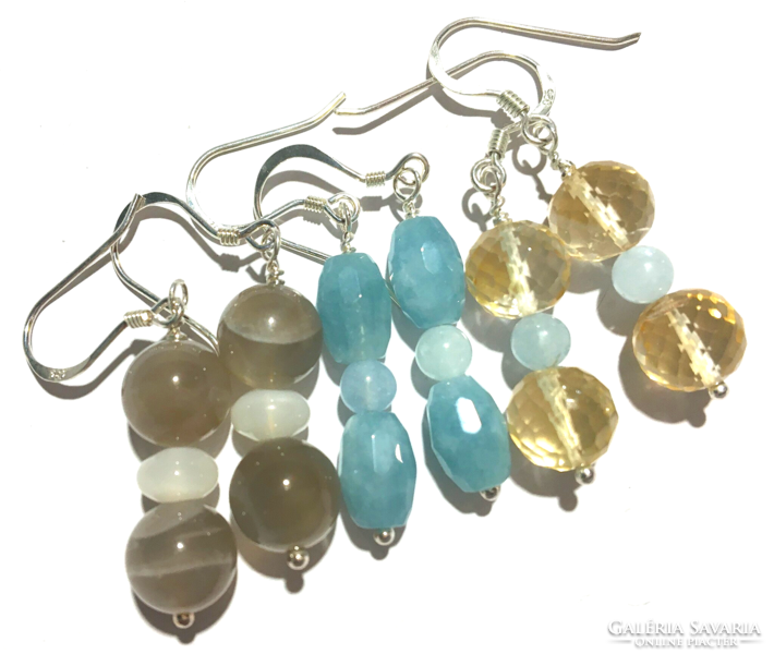 3 pairs of silver earrings noble beryl aquamarine citrine moonstone gemstone jewelry package