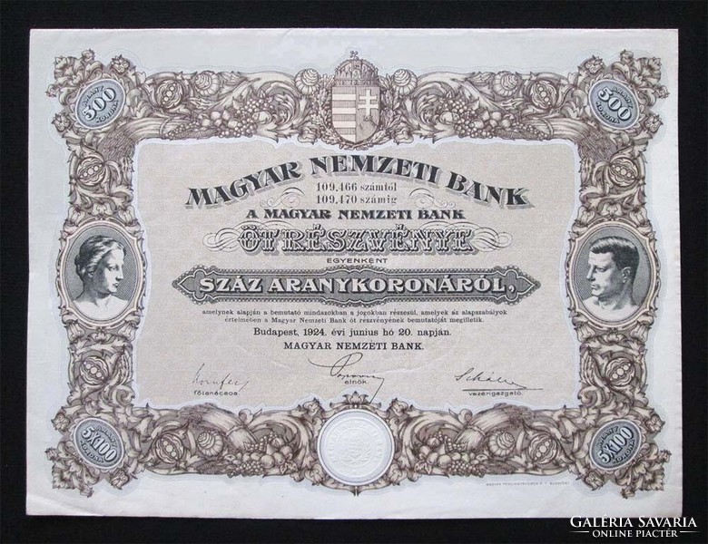 Magyar Nemzeti Bank részvény 500 aranykorona 1924