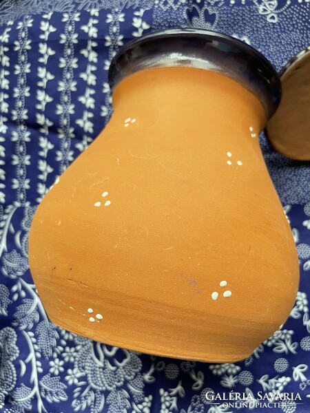 Terracotta folk beaker with a lid, blue glaze inside