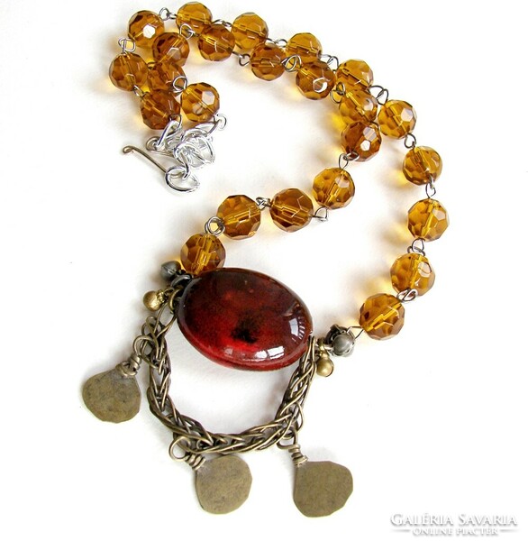 Turquoise half-length honey-colored Persian copper/glass ceramic pendant necklaces