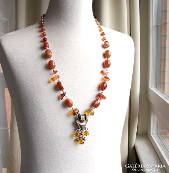 Nilufar Half Length Rust Color Persian Copper/Glass Pendant Necklace with Blue Glass/Carnelian/Amber Beads