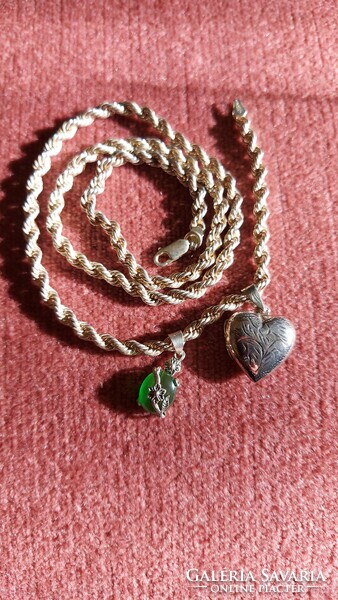 New silver thick necklace with opening heart pendant and jade stone pendant