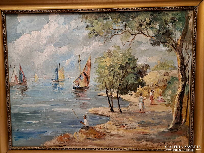 Signed Balaton landscape with sailboats oil canvas painting b... László (Banyai?)