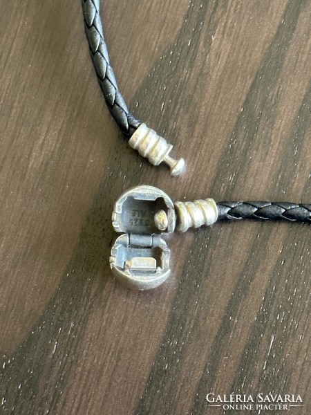 Pandora double row braided leather silver bracelet black