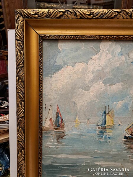 Signed Balaton landscape with sailboats oil canvas painting b... László (Banyai?)