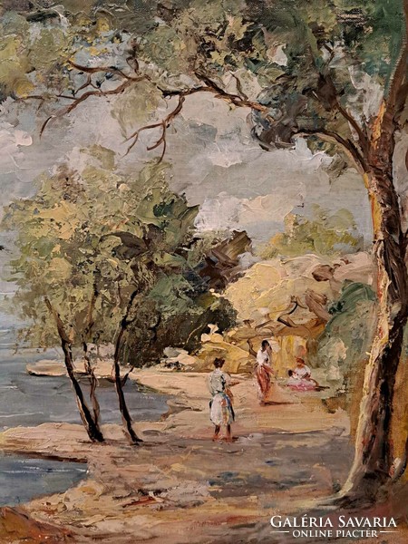 Signed Balaton landscape with sailboats oil canvas painting b... László (Banyai?)