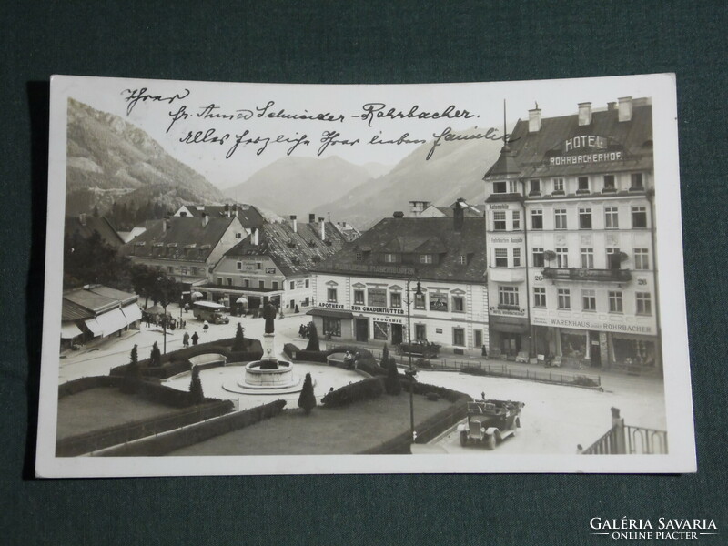Postcard, Austria, Mariazell, apotheke, pubs, oldtimer, main square view, hotel, pharmacy, beer hall