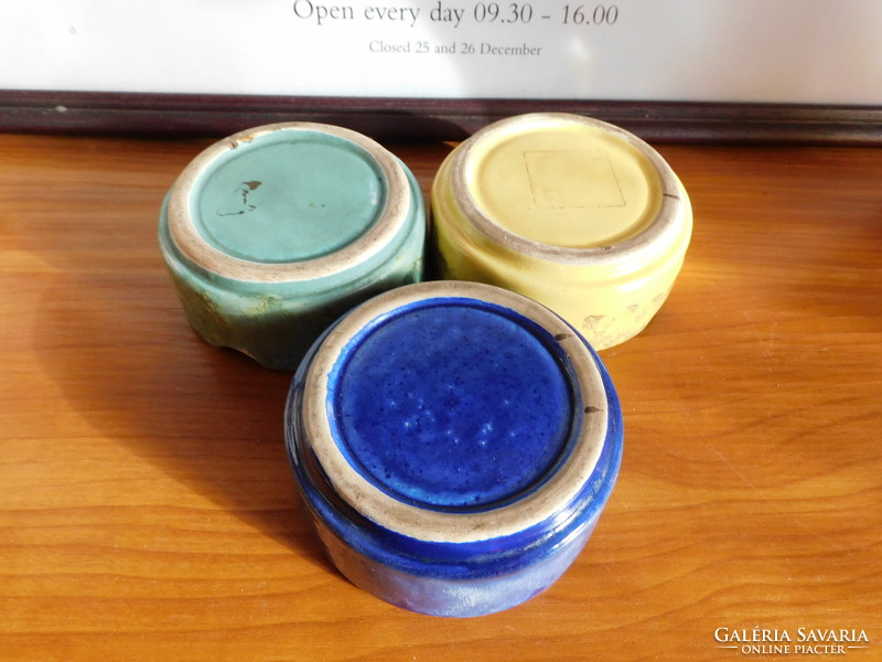 Three colorful retro industrial art ceramic ashtrays