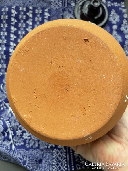 Terracotta folk beaker with a lid, blue glaze inside