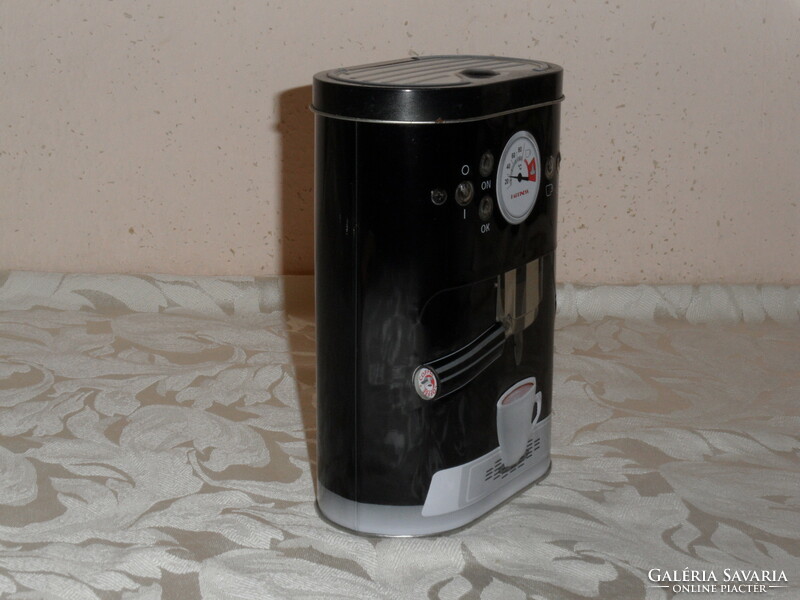 Metal coffee box in the shape of a coffee maker