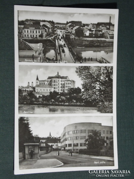 Postcard, Transcarpathia, Ukraine, Ungvár, Užhorod, mosaic details, post office, basilica, view