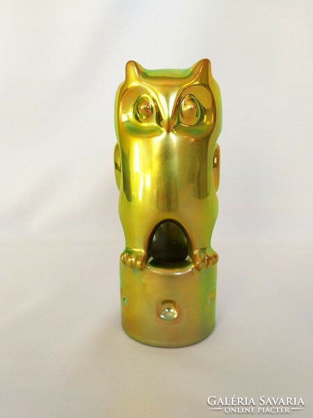 Zsolnay art-deco owl in light gold-green eosin color