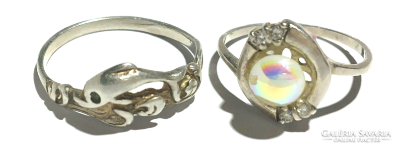 2 special silver rings, tropical dolphin, finely crafted socket, brilliant-cut gemstone