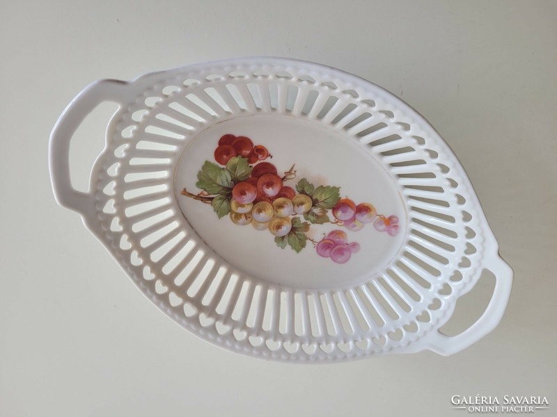 Old porcelain basket with grape pattern openwork edge