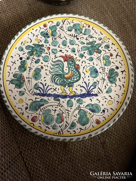 Marked raffaello deruta decorative plate with rooster motif in display case