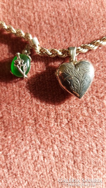 New silver thick necklace with opening heart pendant and jade stone pendant