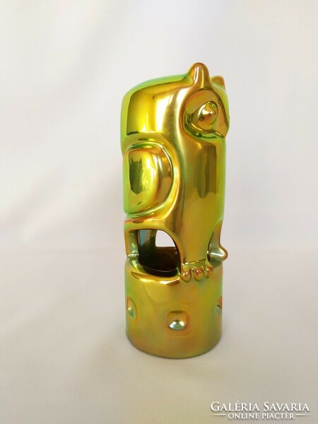 Zsolnay Art-Deco Bagoly világos Arany-Zöld Eozin színben