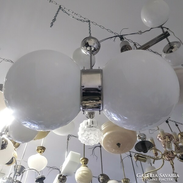 Bauhaus nickel-plated 2-burner chandelier renovated - large milk glass spherical shades